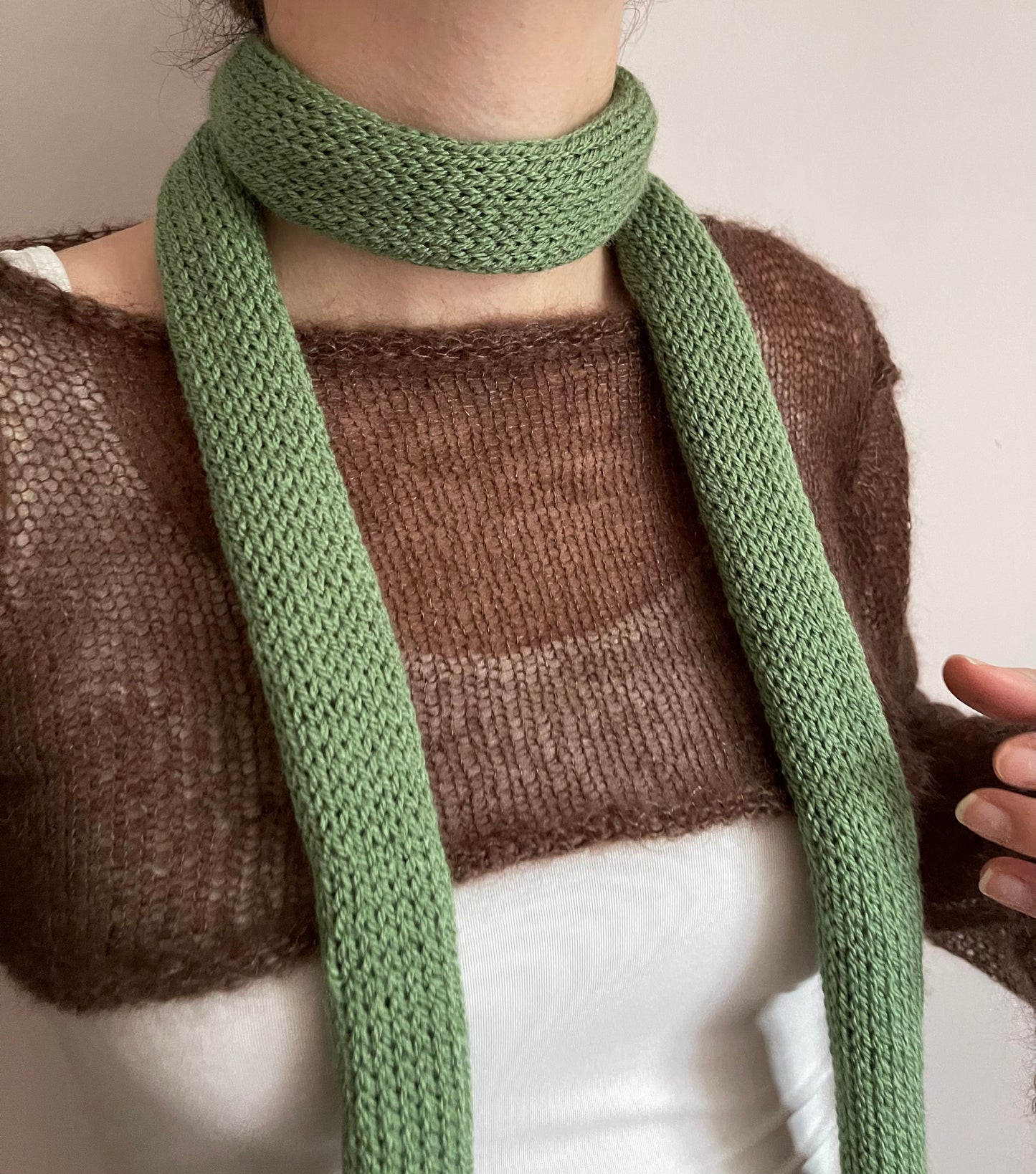 Handmade knitted skinny scarf in sage green