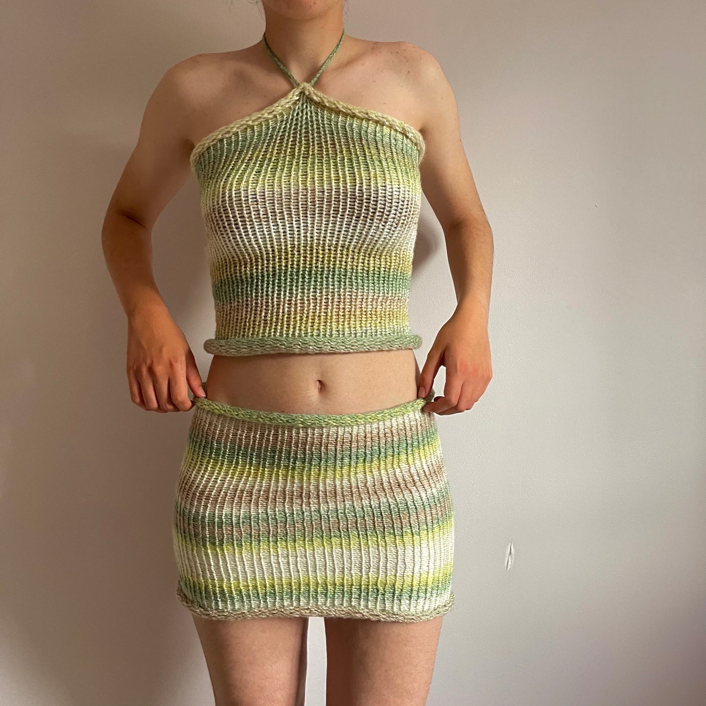 Handmade knitted halter top in green, beige and cream