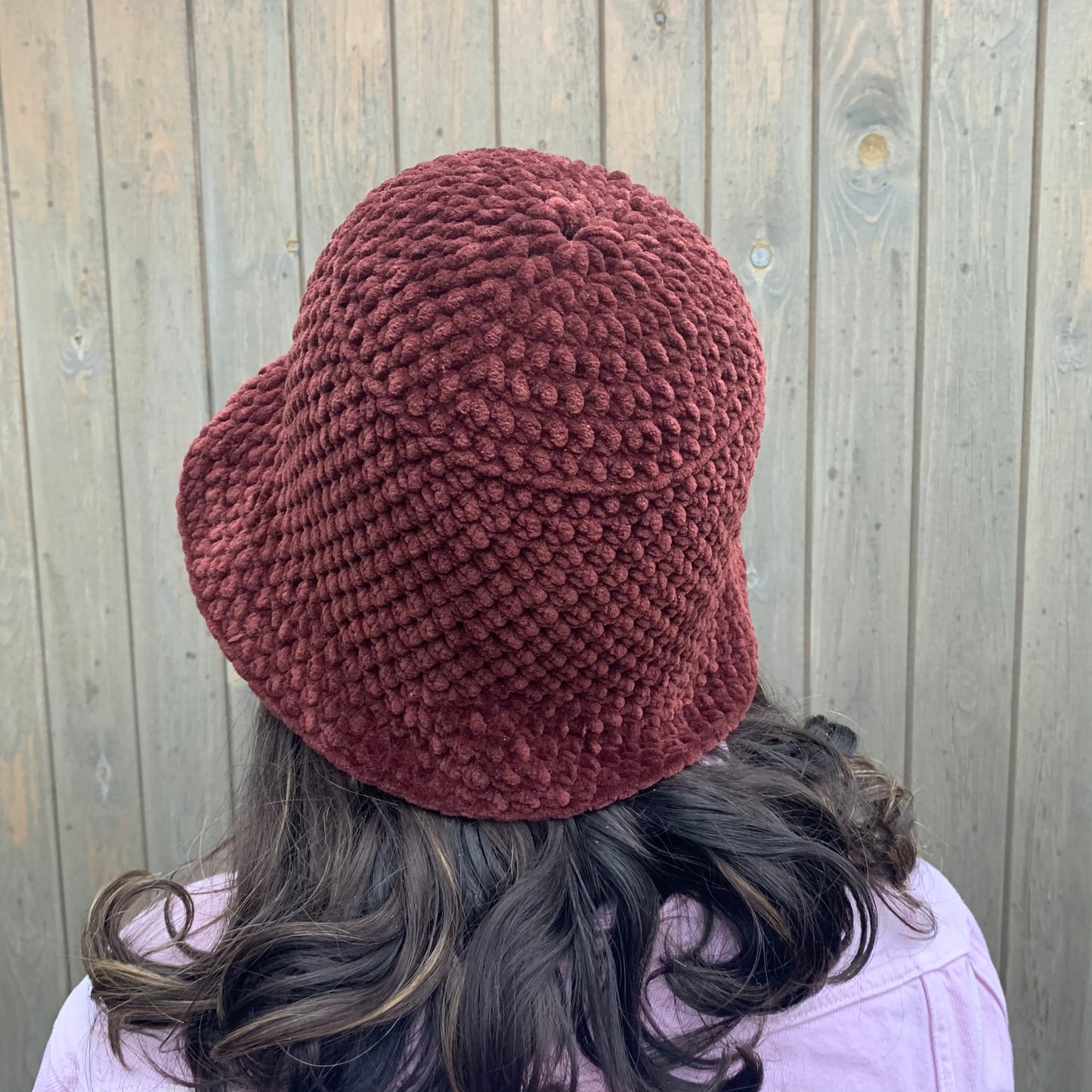 Handmade crushed velvet crochet bucket hat in brown