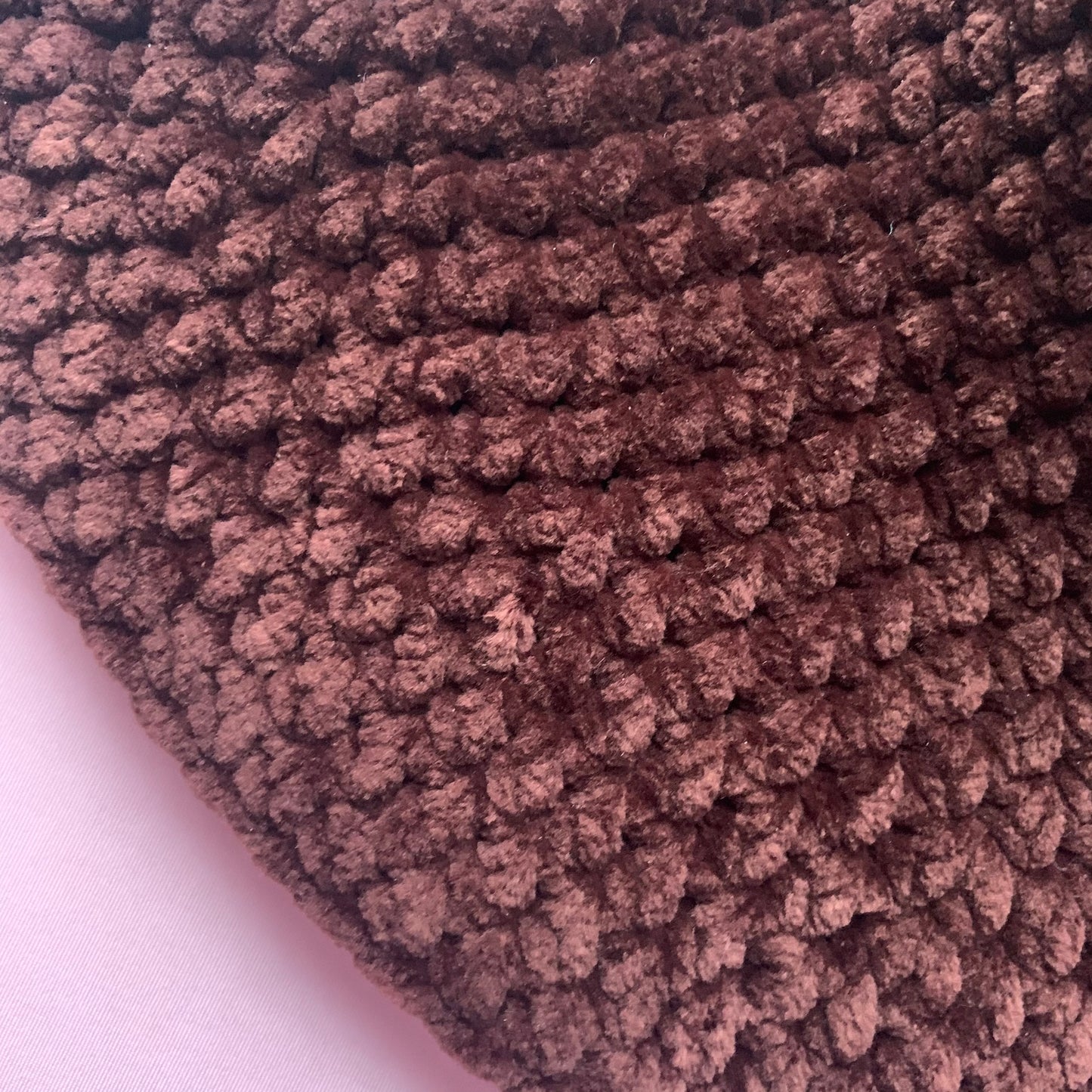 Handmade crushed velvet crochet bucket hat in brown