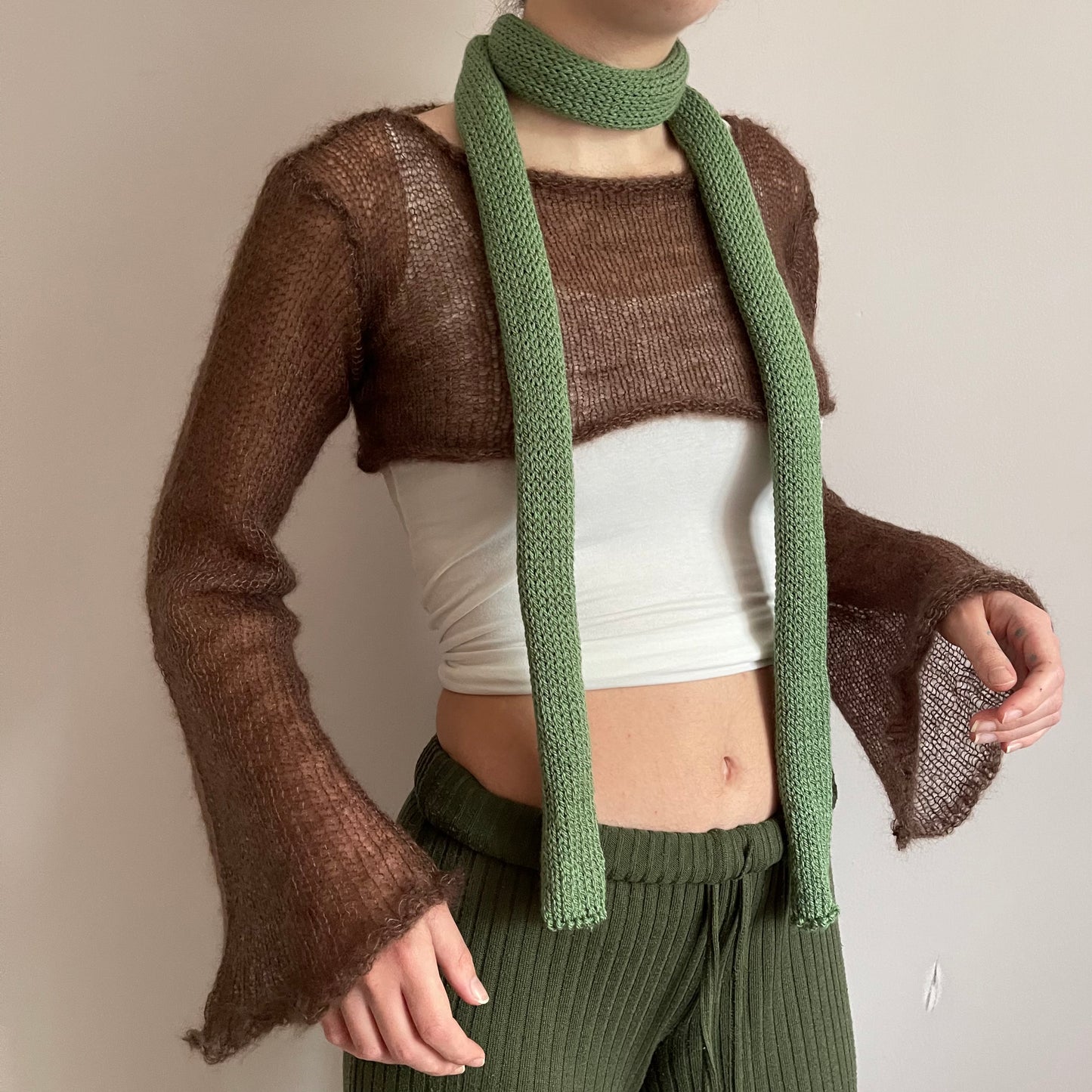 Handmade knitted skinny scarf in sage green