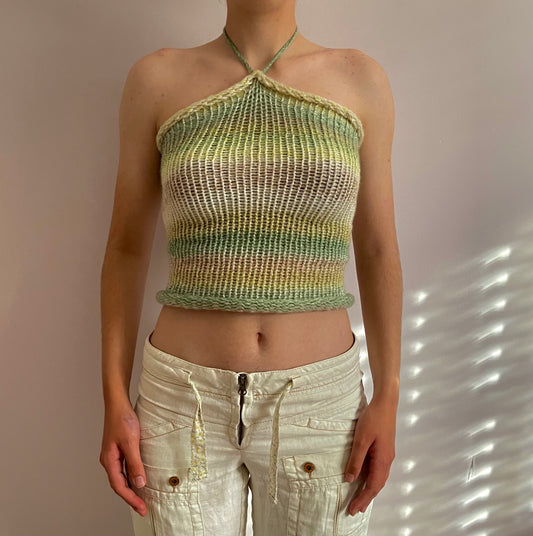 Handmade knitted halter top in green, beige and cream