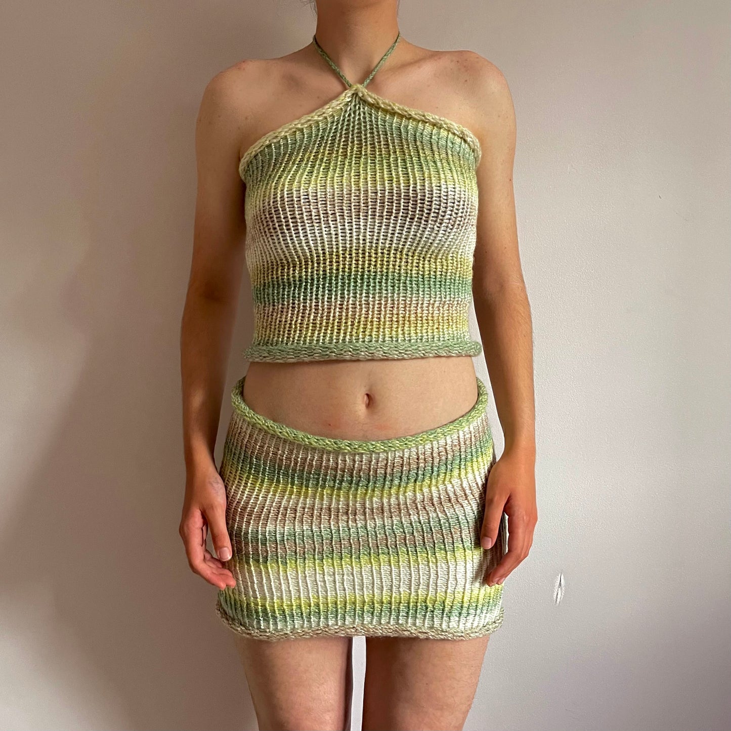 Handmade knitted halter top in green, beige and cream