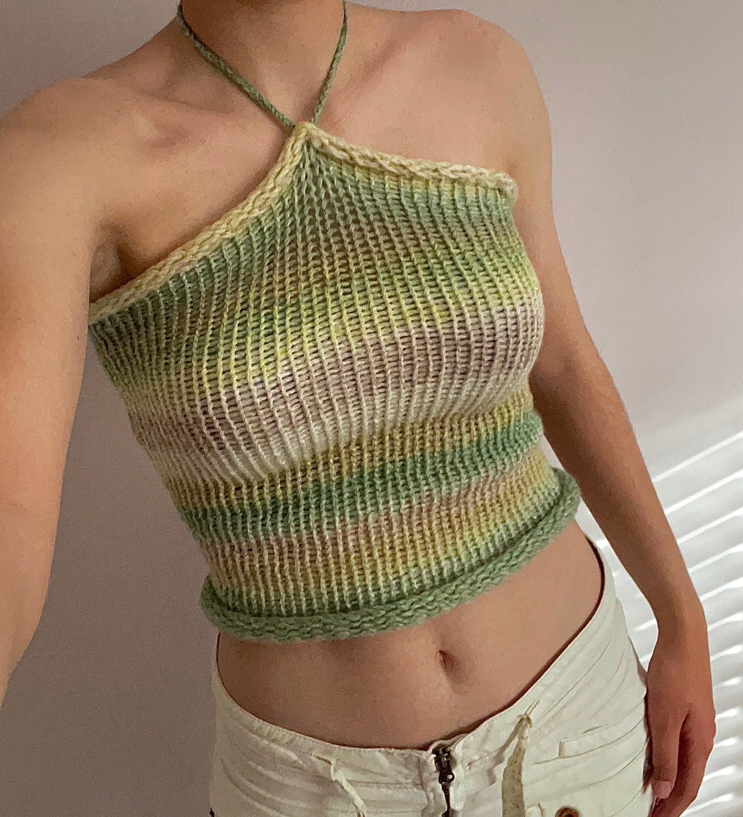 Handmade knitted halter top in green, beige and cream