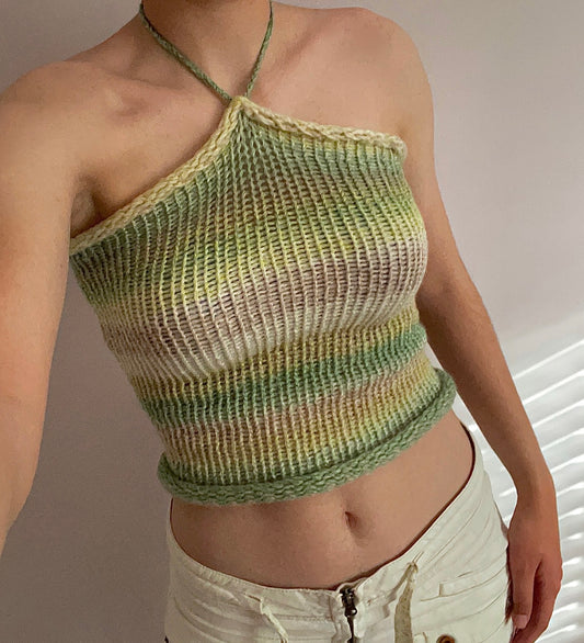 Handmade knitted halter top in green, beige and cream