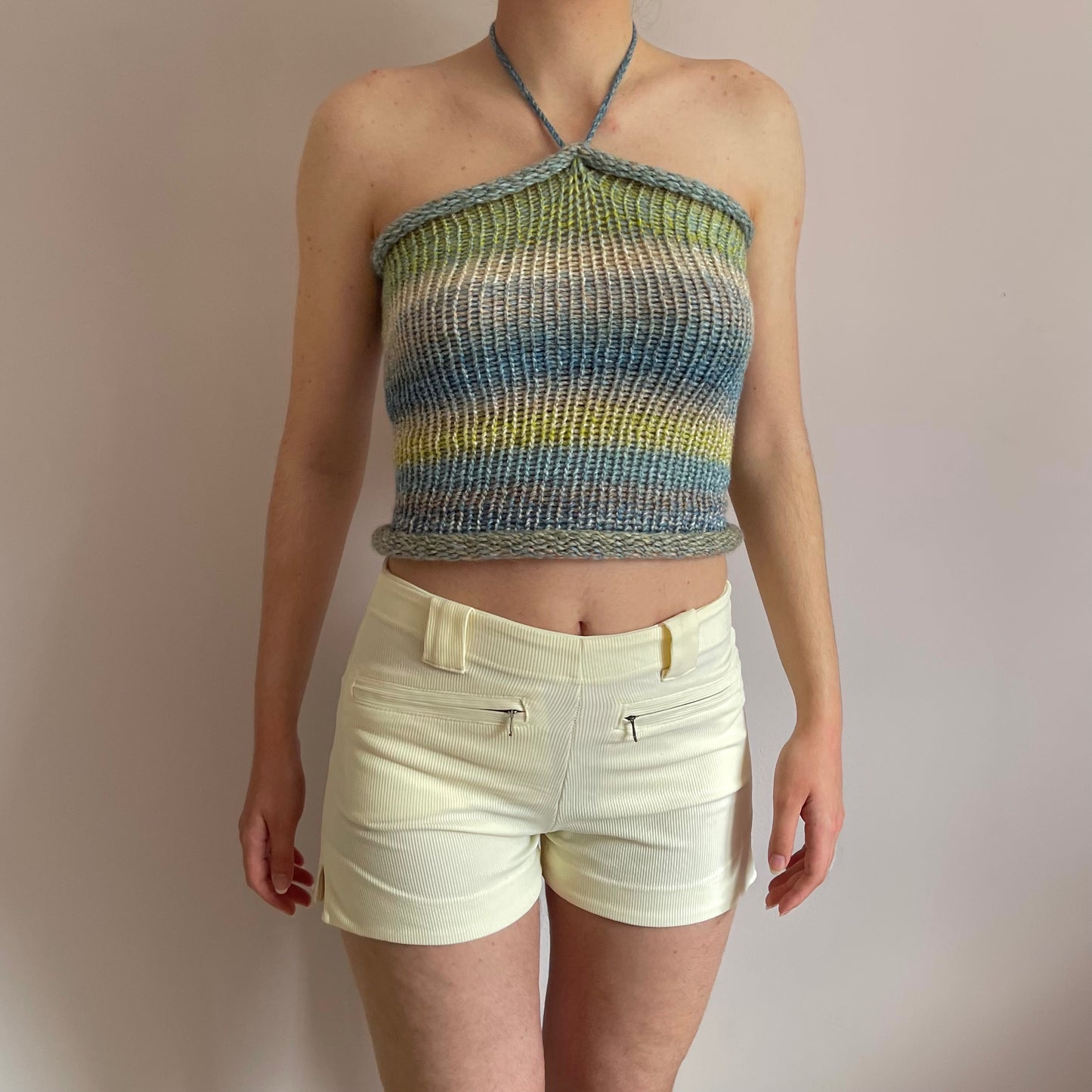 Handmade knitted halter top in green, beige, yellow and blue
