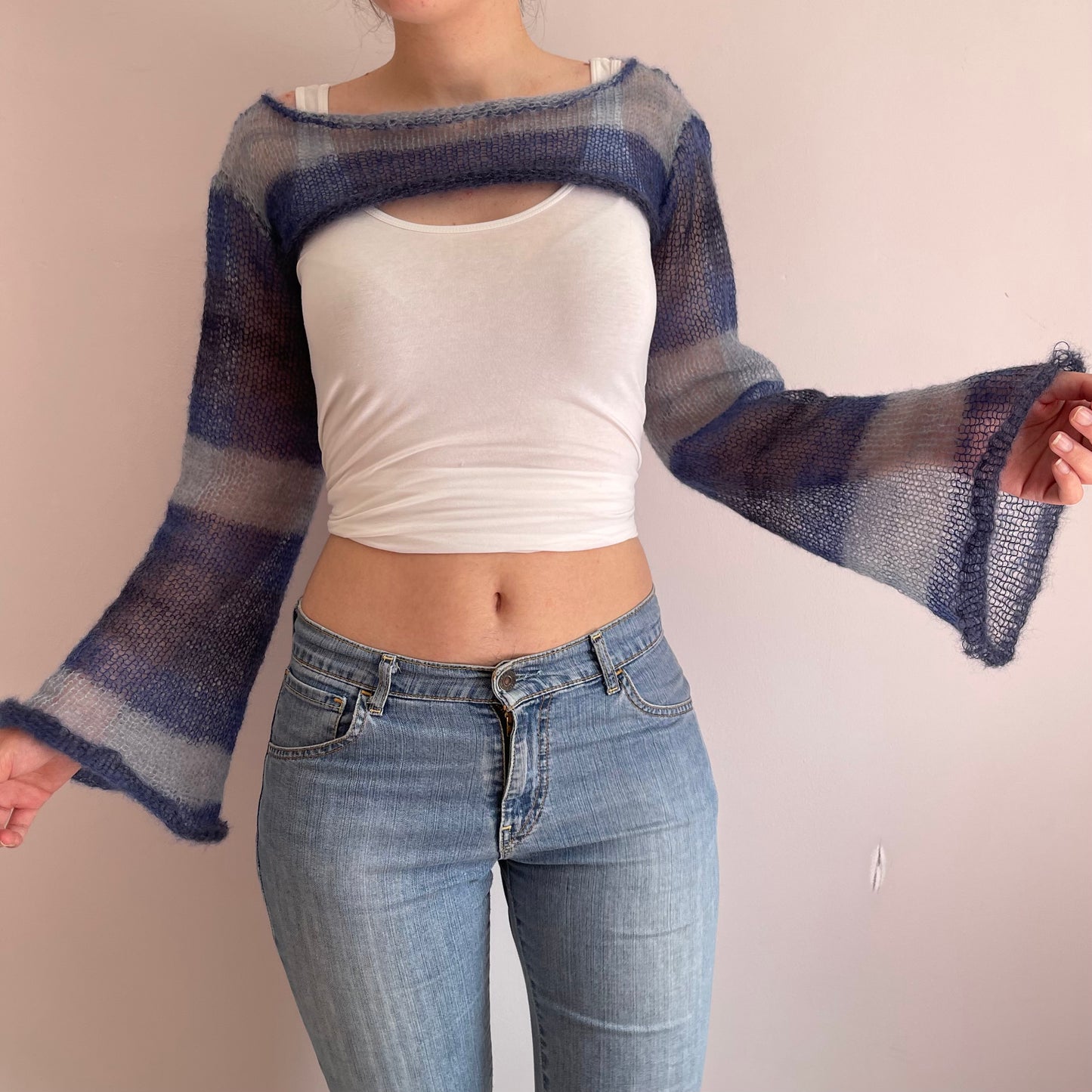 Handmade knitted ultra cropped mohair jumper / bolero in stripy blue