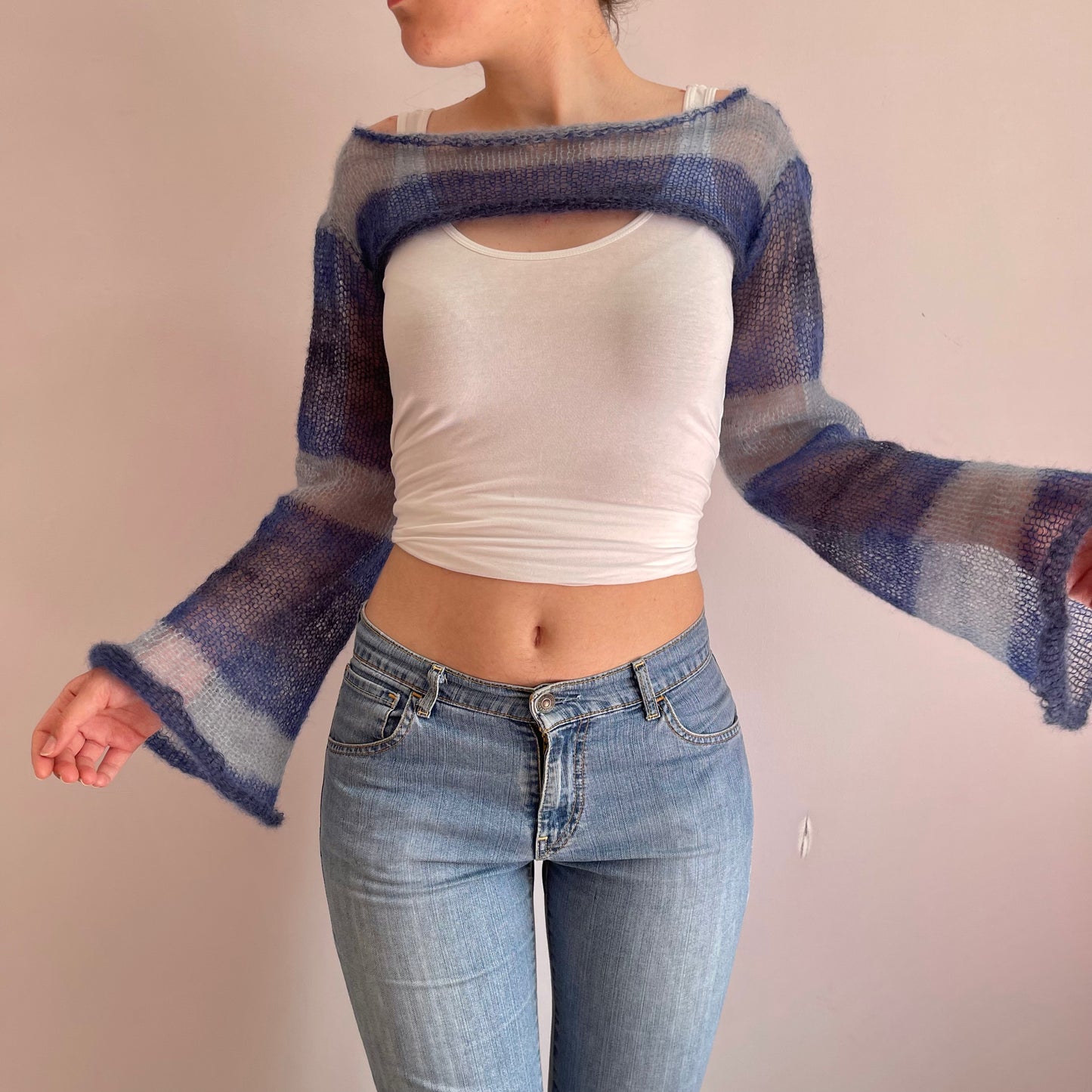 Handmade knitted ultra cropped mohair jumper / bolero in stripy blue