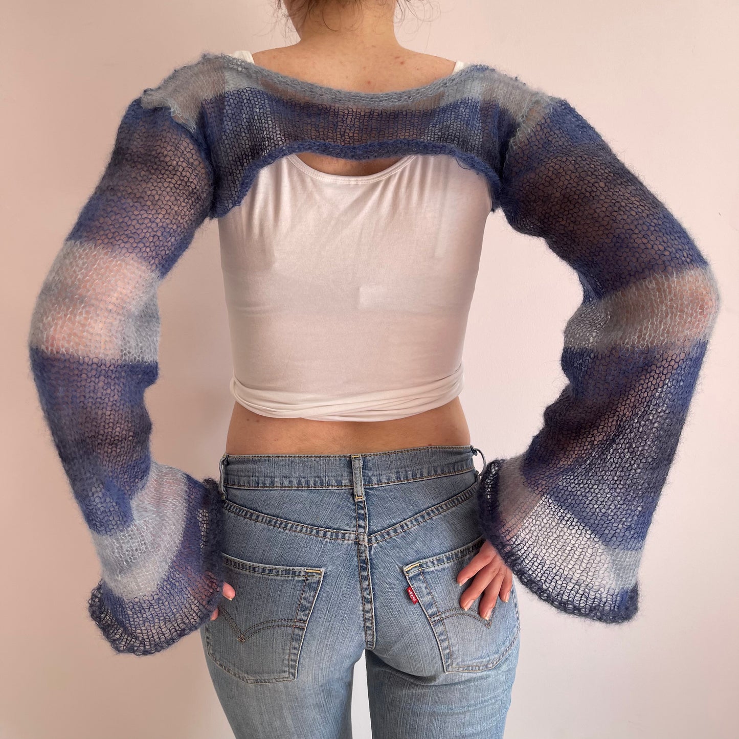 Handmade knitted ultra cropped mohair jumper / bolero in stripy blue