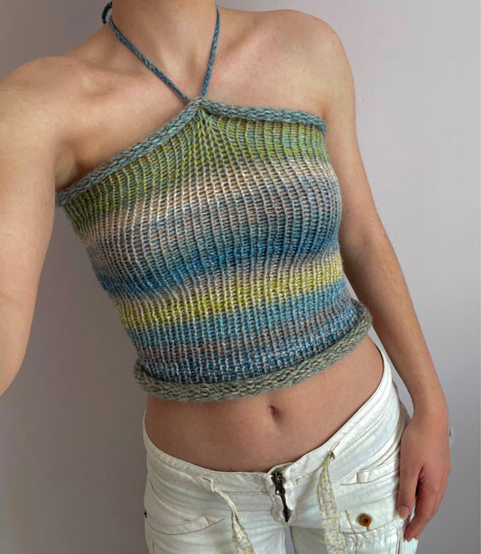 Handmade knitted halter top in green, beige, yellow and blue