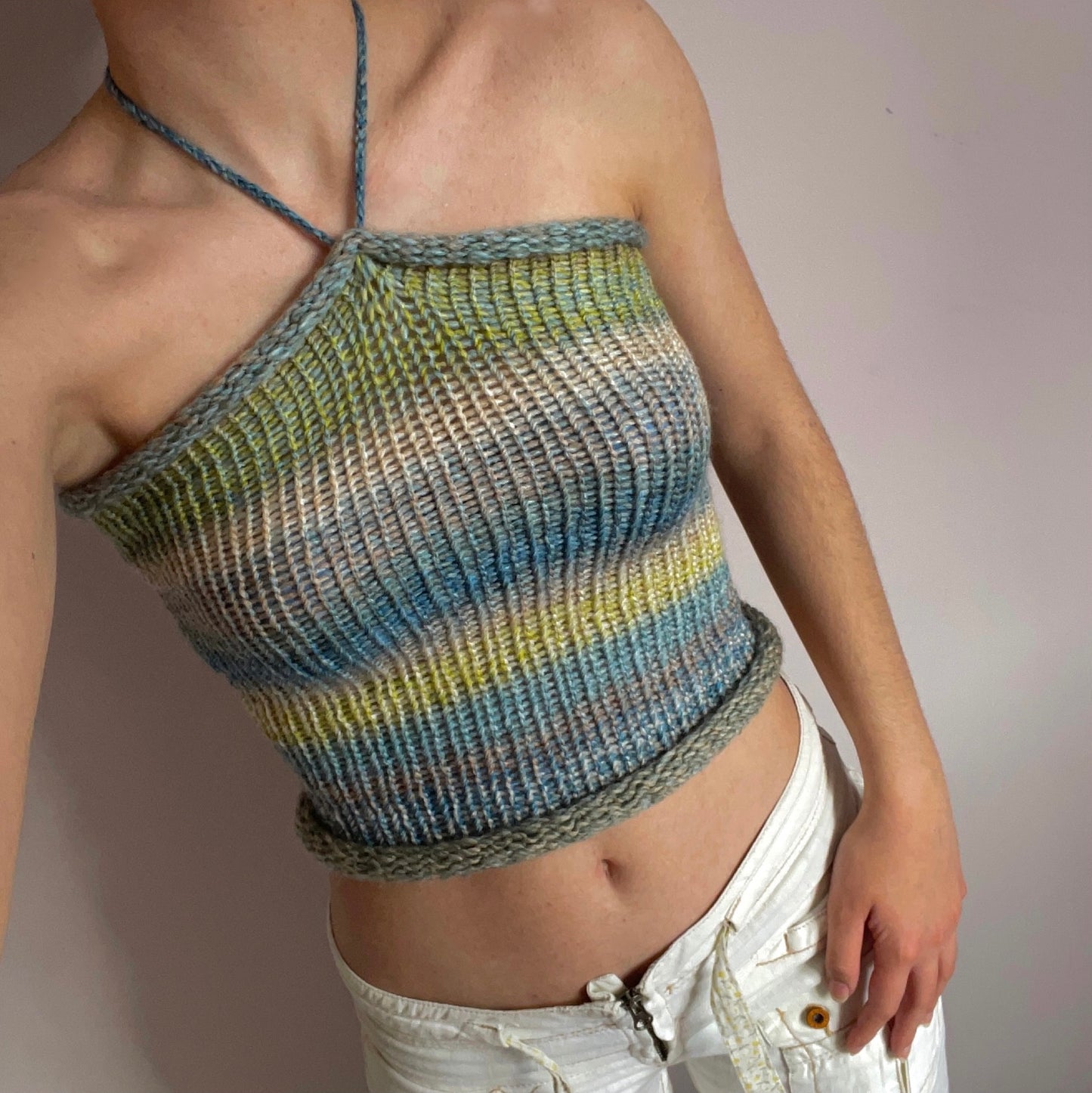 Handmade knitted halter top in green, beige, yellow and blue