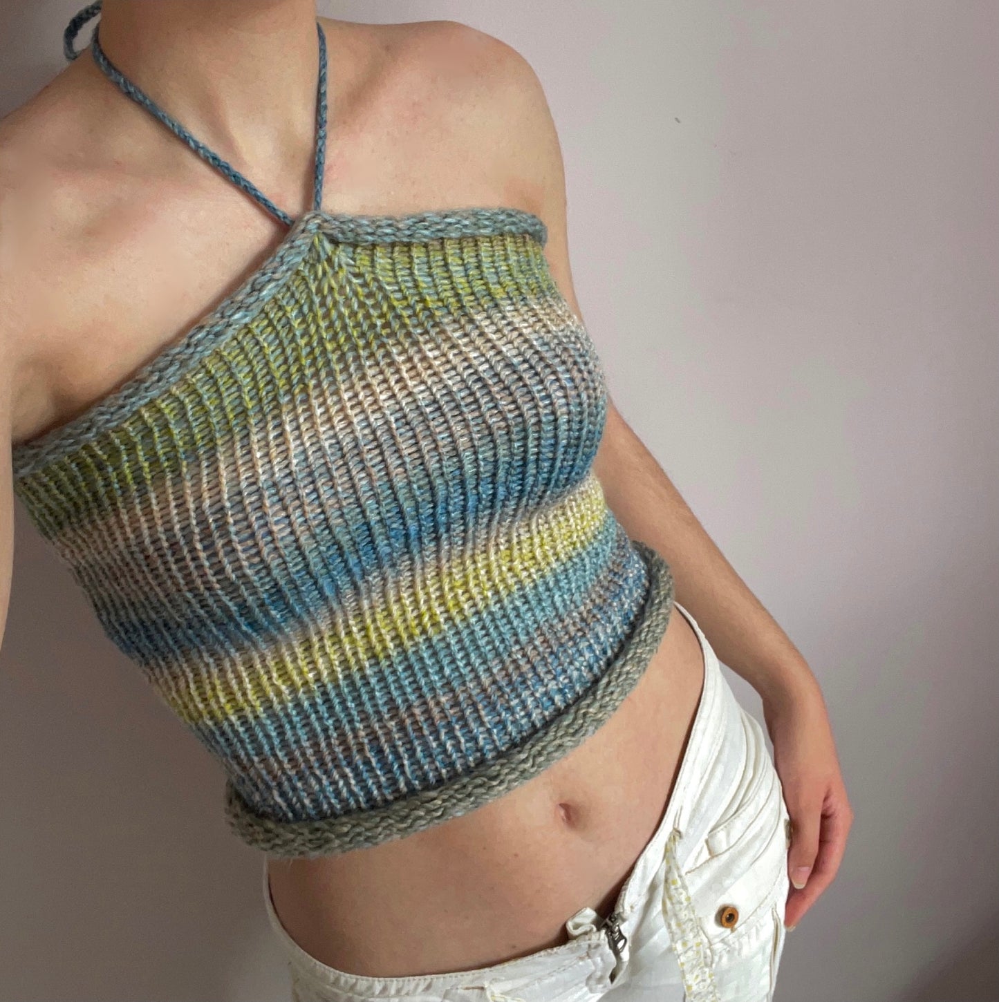 Handmade knitted halter top in green, beige, yellow and blue