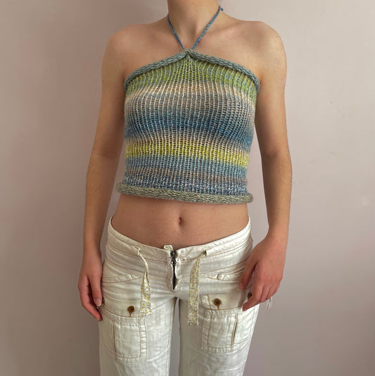 Handmade knitted halter top in green, beige, yellow and blue