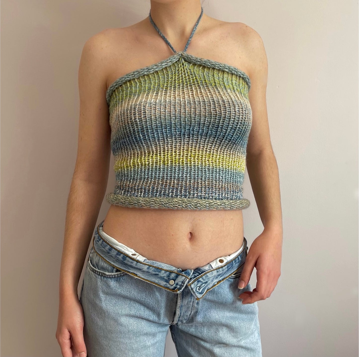 Handmade knitted halter top in green, beige, yellow and blue