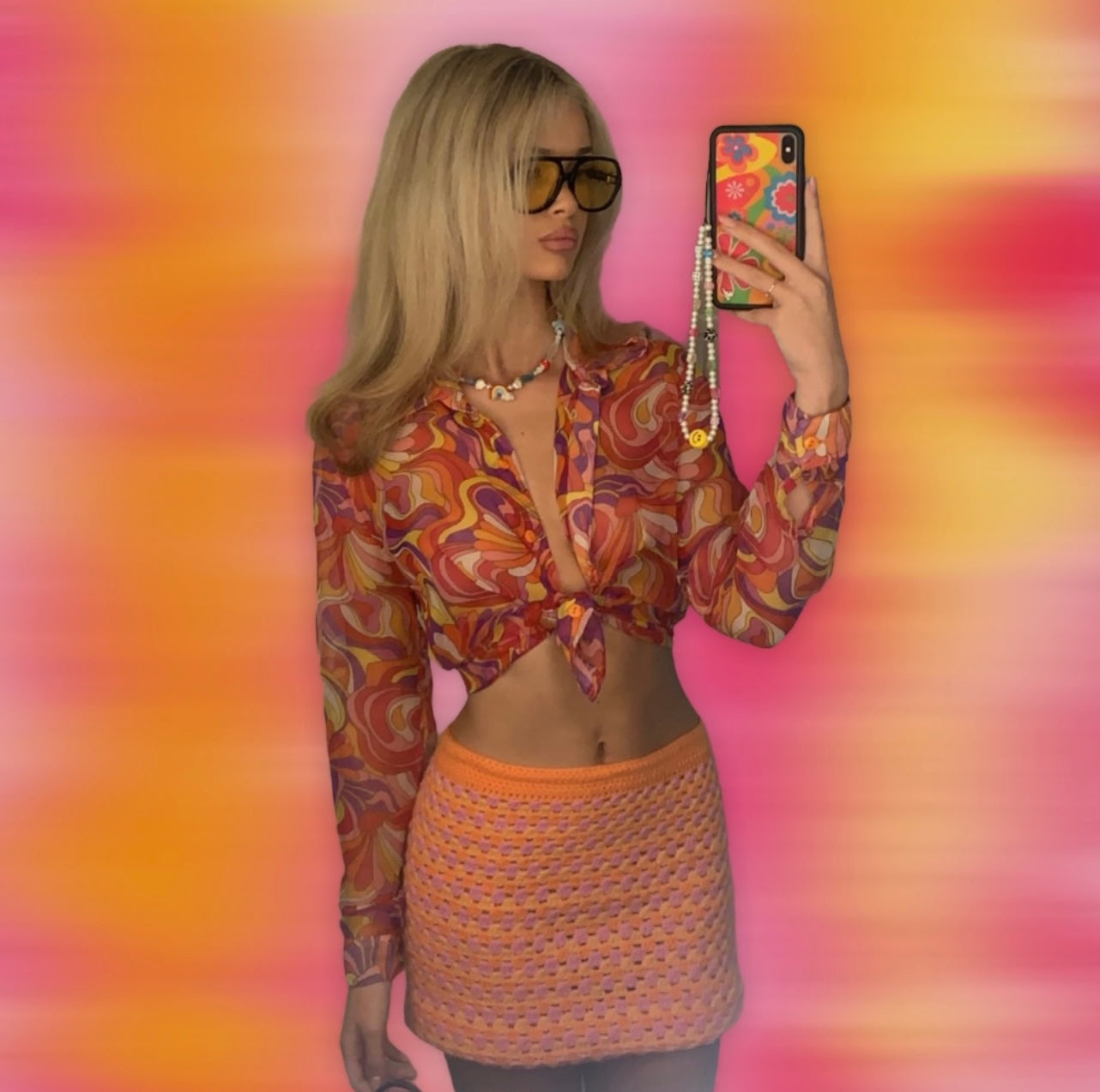 Handmade retro crochet mini skirt in pink and orange