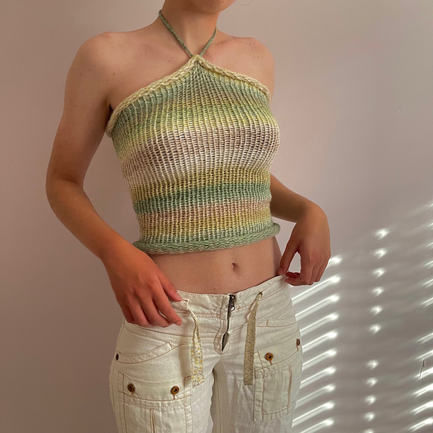 Handmade knitted halter top in green, beige and cream