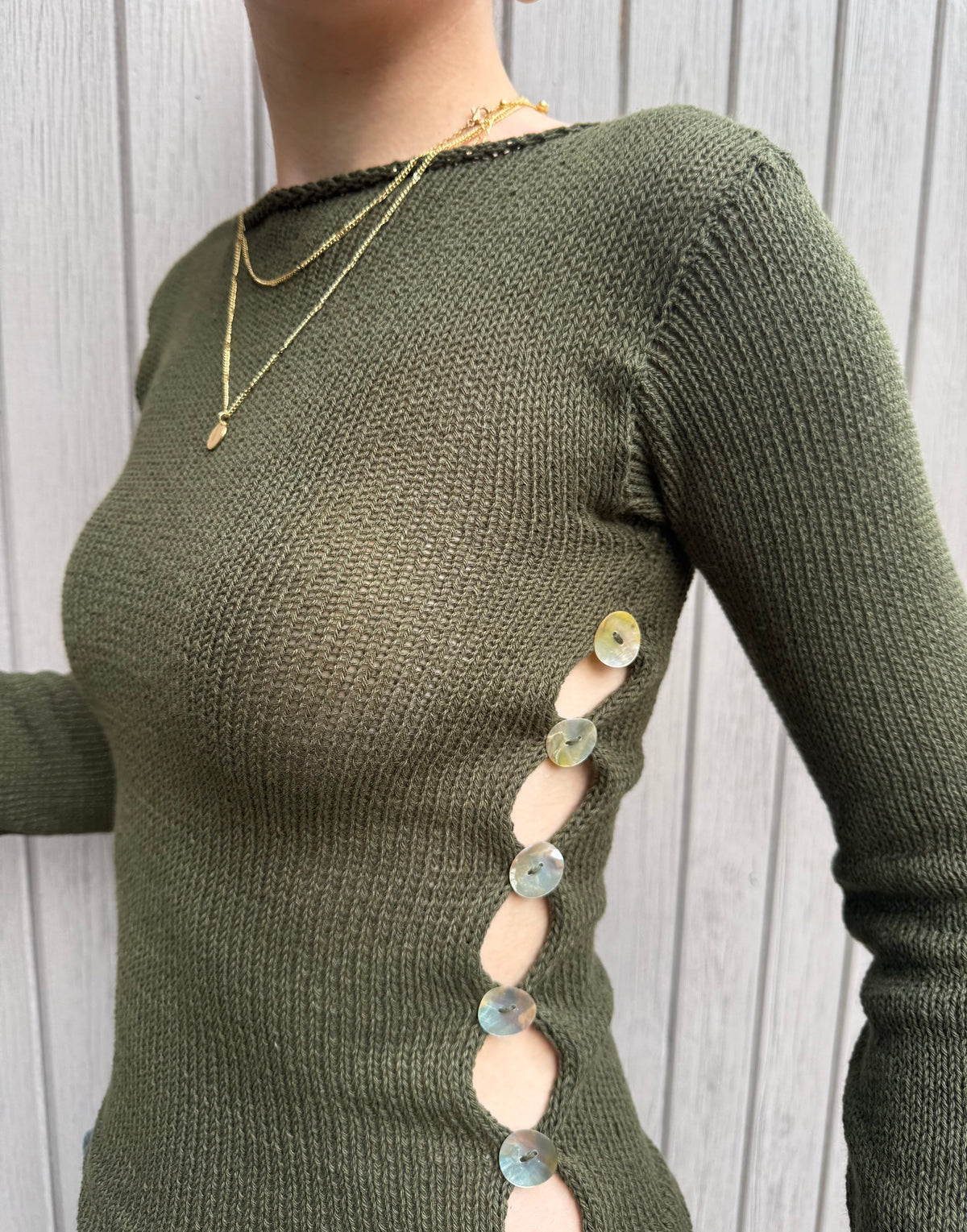 Pearl Long Sleeve in khaki green - handmade knit jumper with mother of pearl buttons (pre made in S)