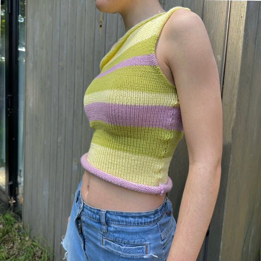 Handmade knitted striped one shoulder top in dusky pink, pastel yellow and green