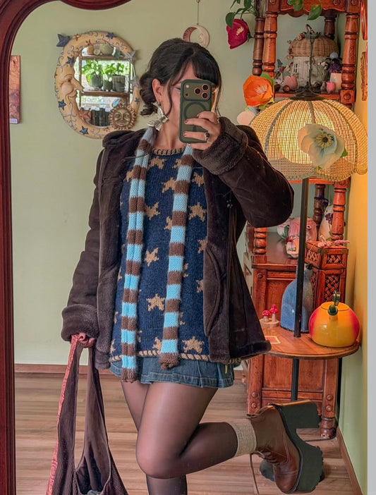 READY BEFORE CHRISTMAS (INTERNATIONAL) - handmade knitted brown and baby blue mohair striped skinny scarf