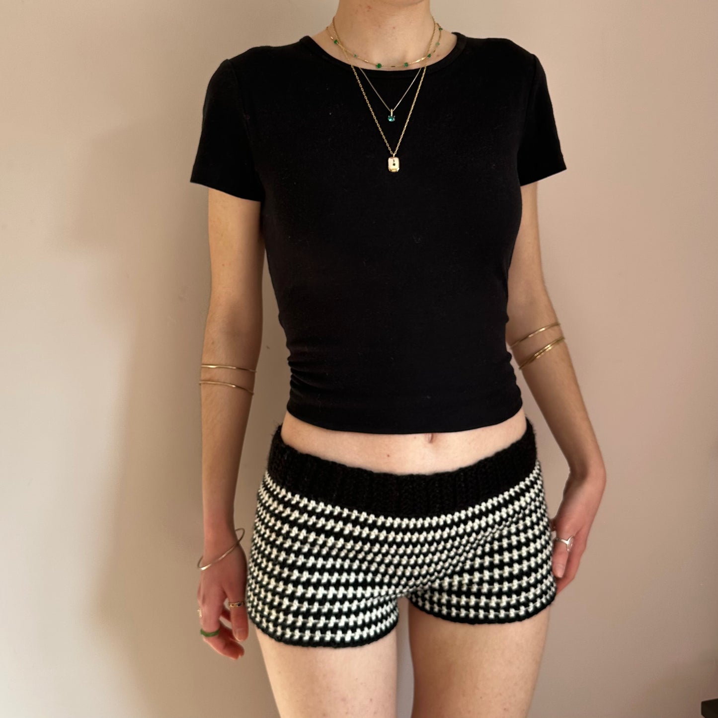 Handmade cream and black striped crochet shorts