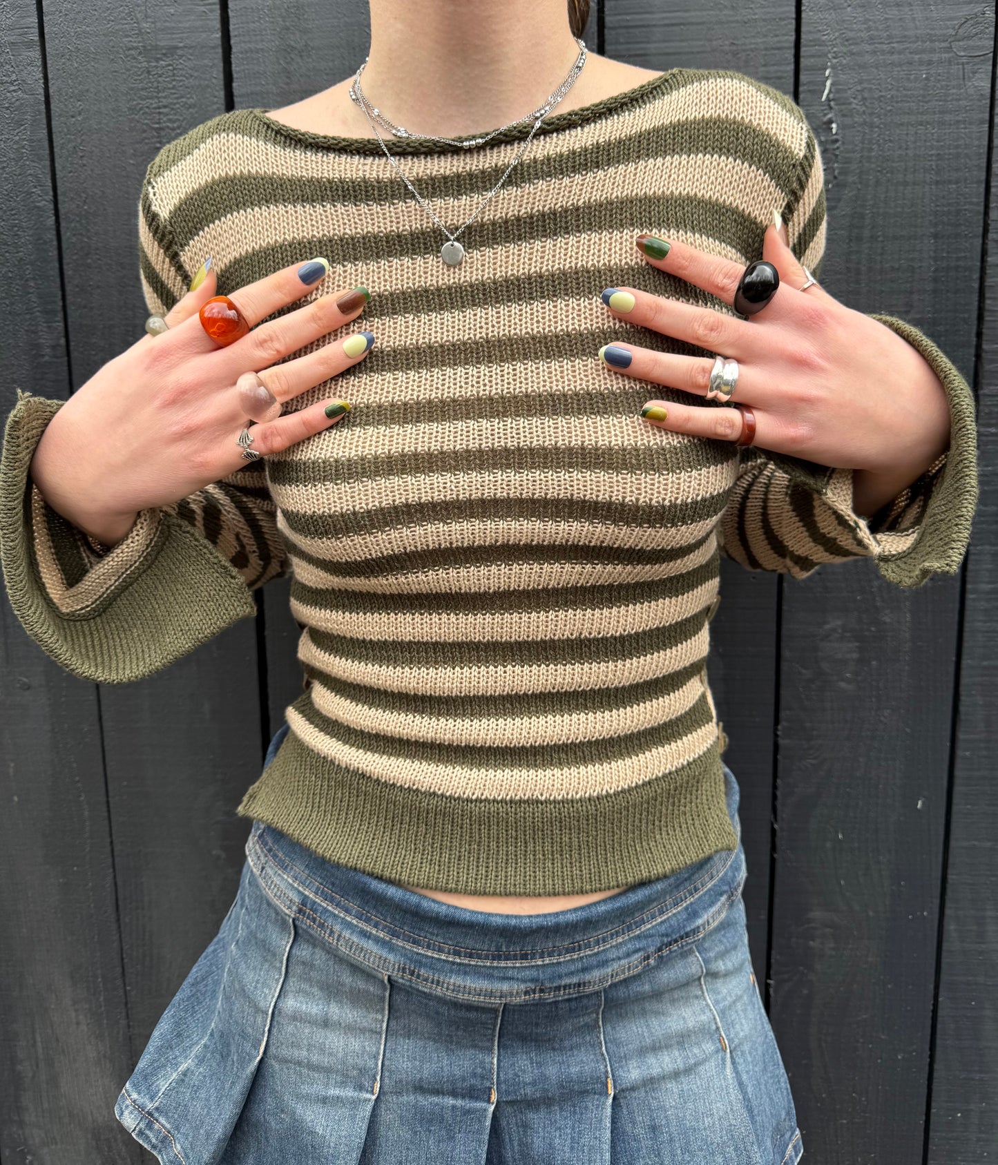 Pearl Long Sleeve in striped khaki & beige - handmade knit jumper with abalone shell buttons