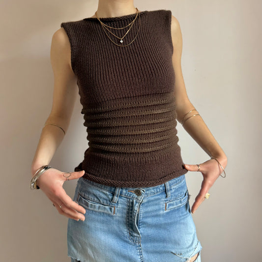 Handmade brown shirred knitted vest