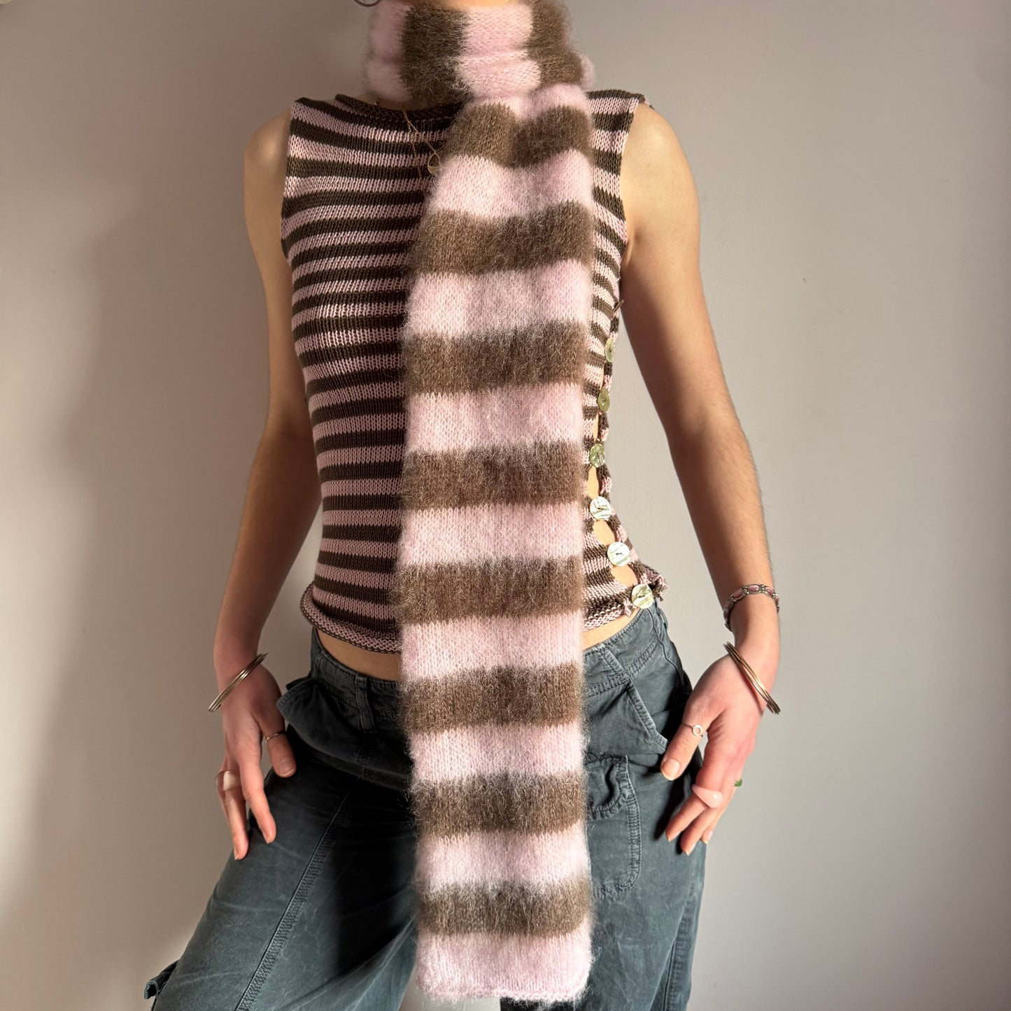 Pink and brown fluffy striped scarf - choose full width or skinny 🌸🤎 pre made