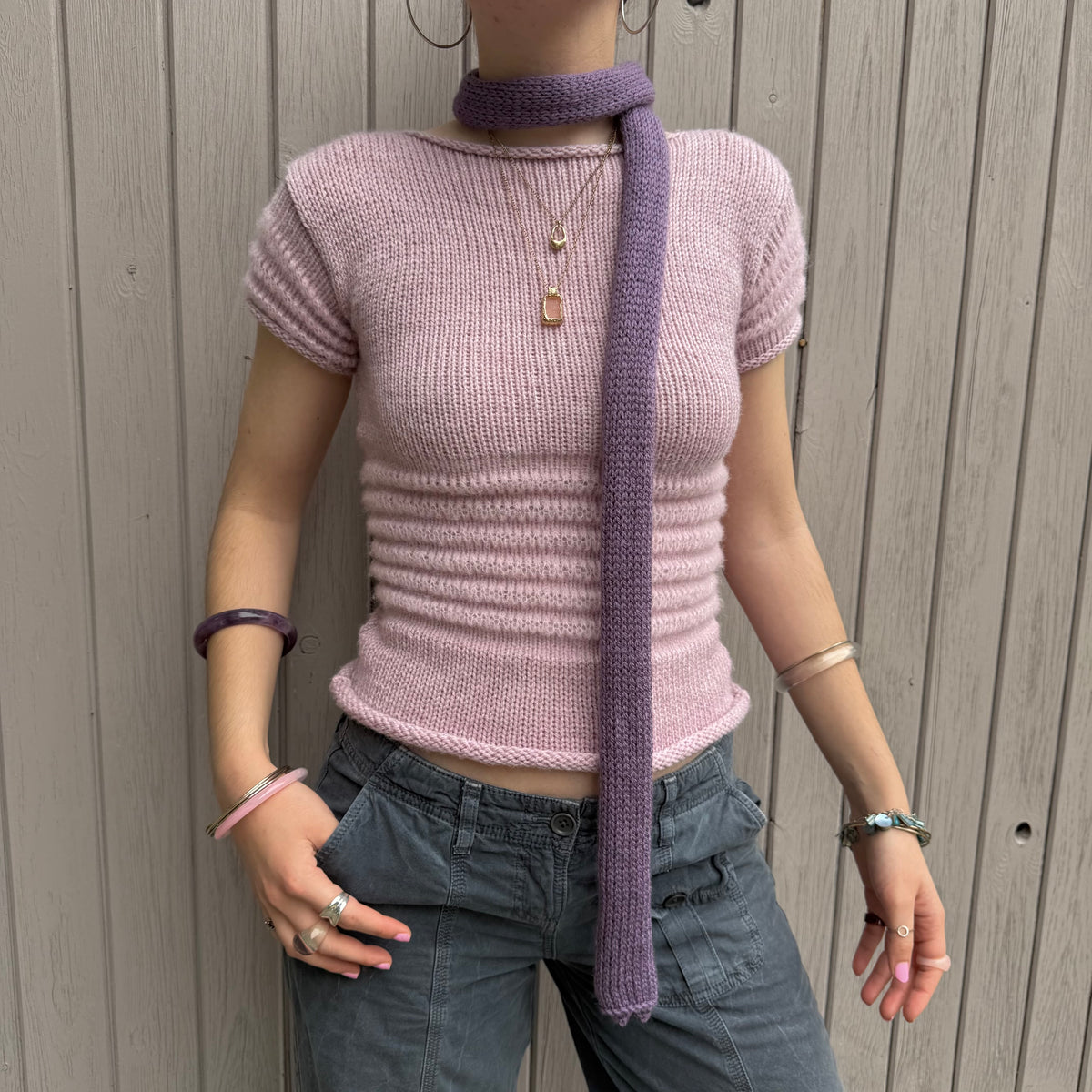 Handmade knitted skinny scarf in dusky purple