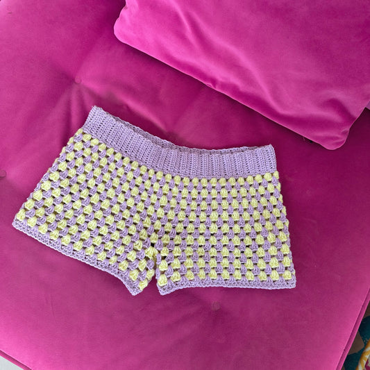 Handmade gingham crochet shorts in lilac and yellow