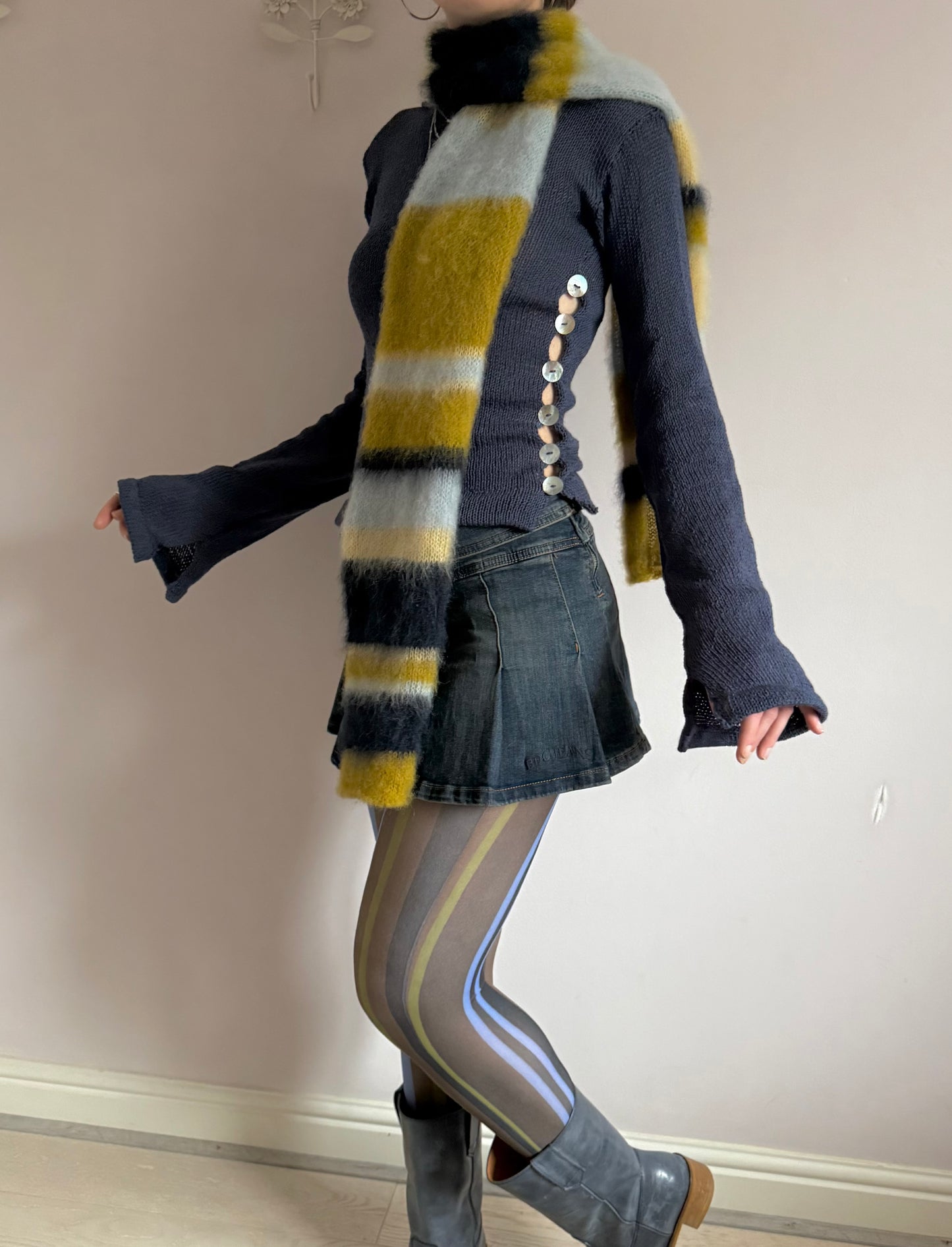 1 of 1 fluffy striped scarf - navy and chartreuse 🫐🍋‍🟩 pre made