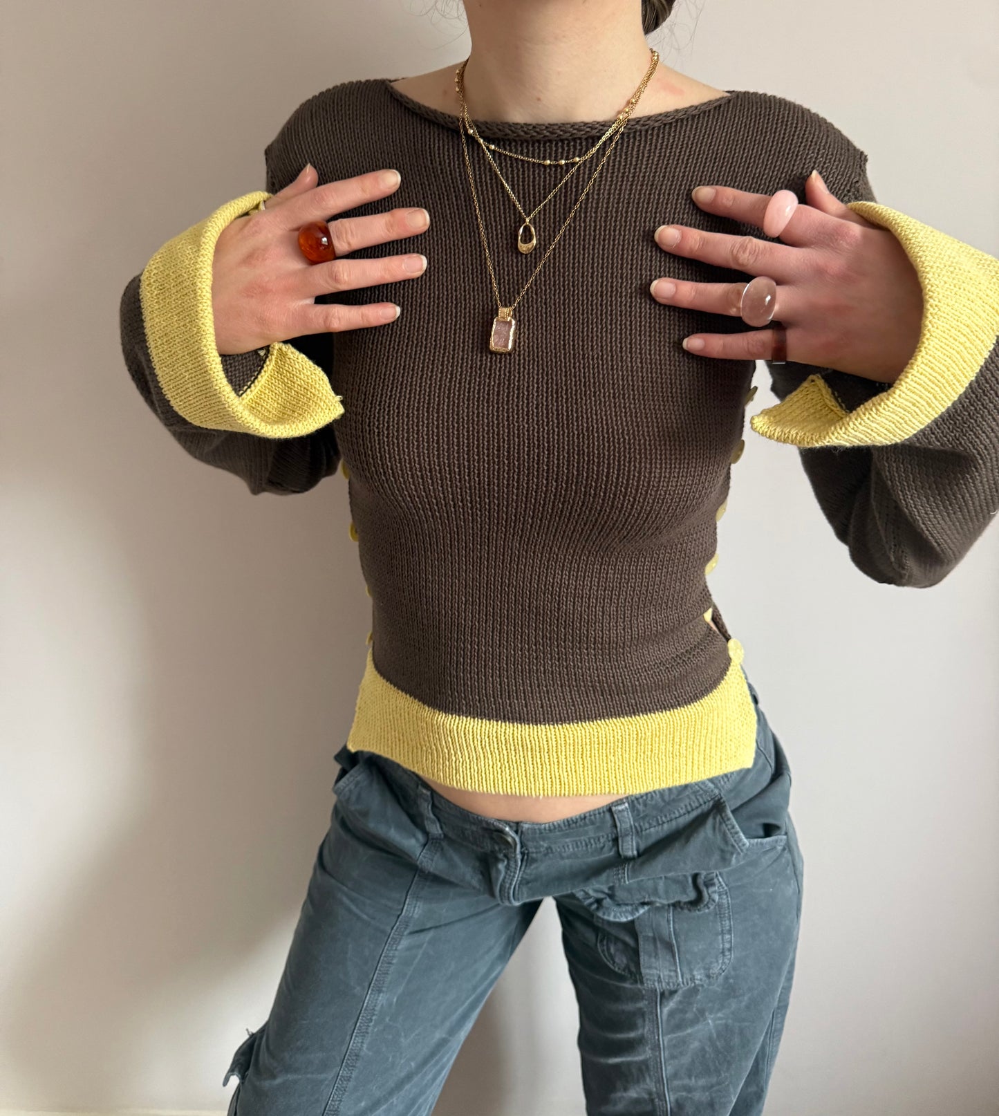 Colour block Pearl long sleeve in mocha & yellow