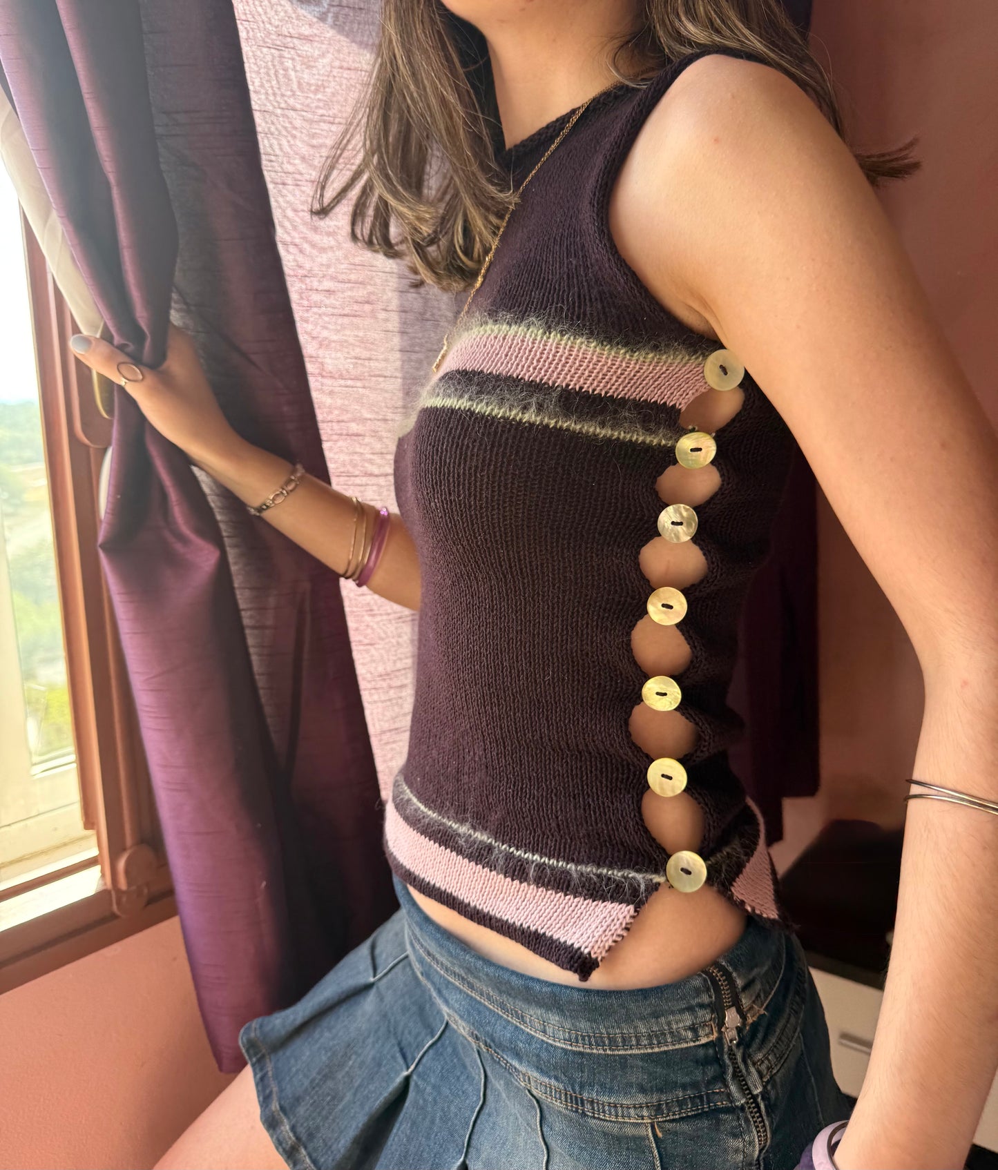 Striped Pearl Vest in plum purple with green mother of pearl buttons (pre made in S)