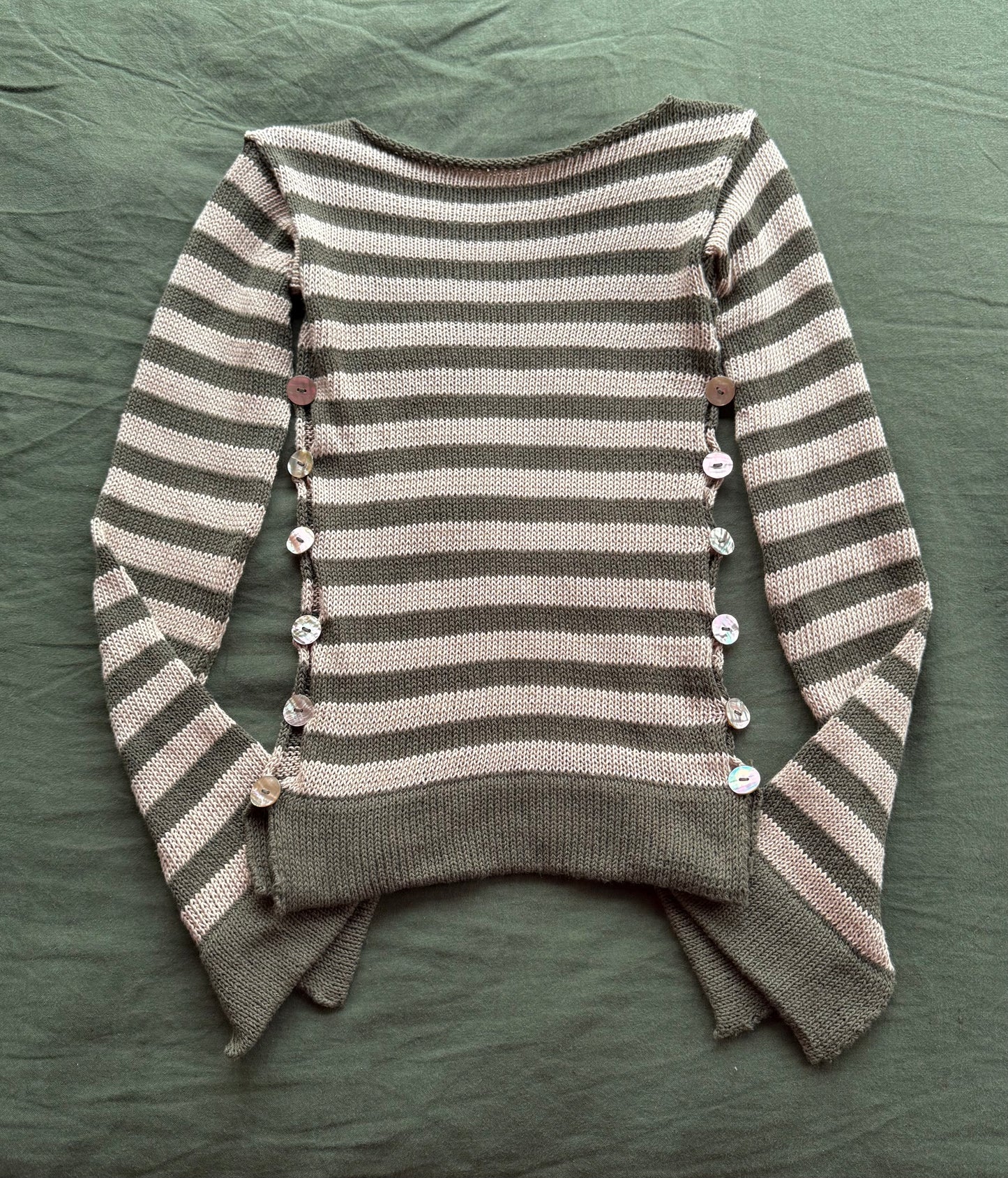 Pearl Long Sleeve in striped khaki & beige - handmade knit jumper with abalone shell buttons