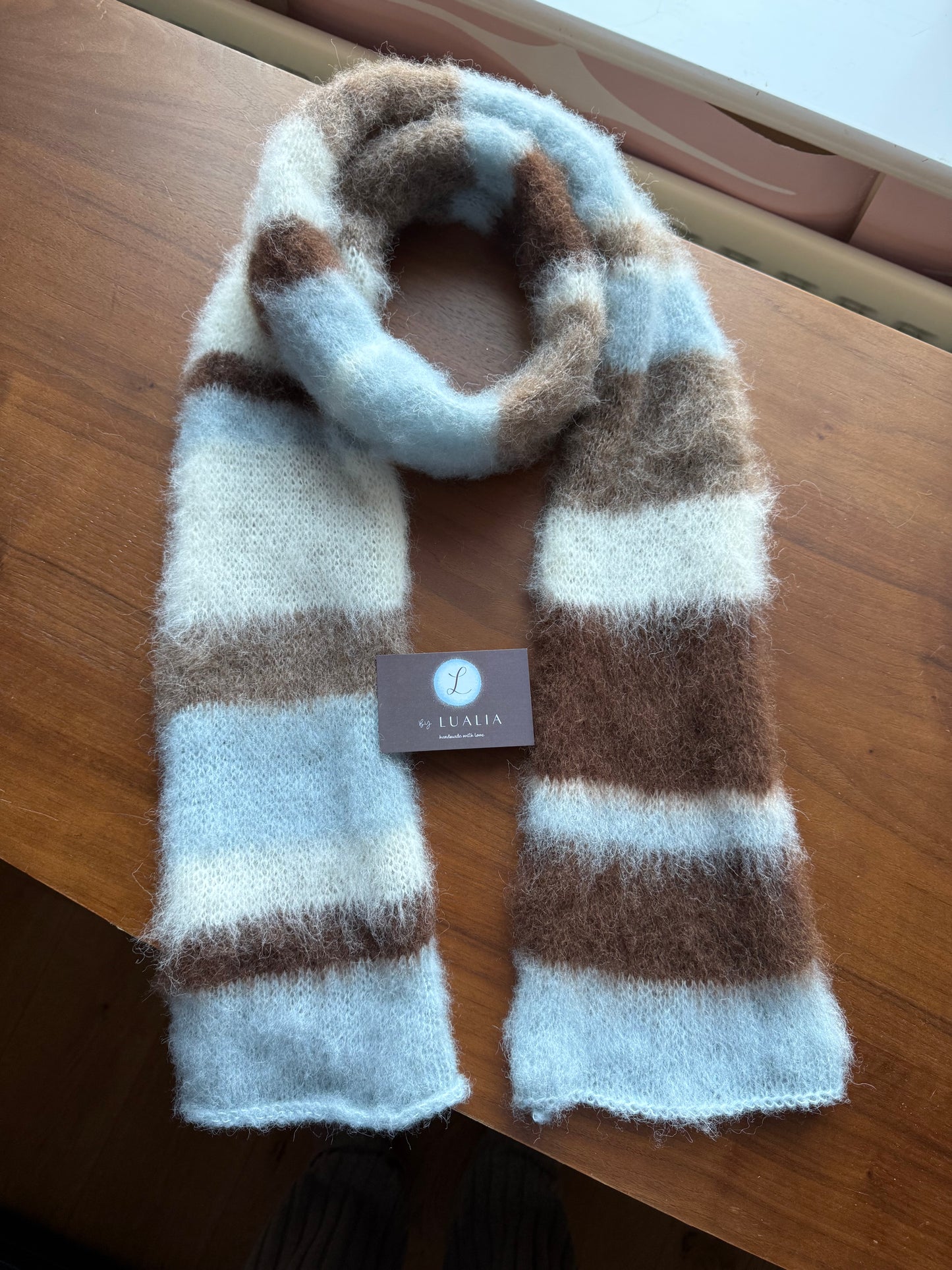 Handmade fluffy baby blue, cream and brown striped scarf - made to order