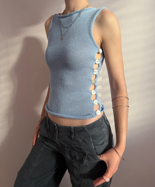 Handmade knitted Pearl Vest - sky blue (pre made in size XS).