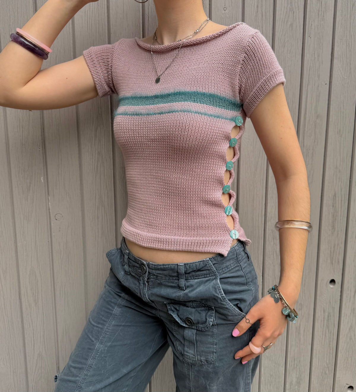 Pearl Tee in Dusky Pink & Teal (pre made in S)