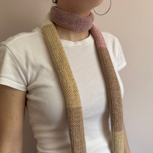 Handmade cotton knitted colour block skinny scarf in beige and dusky pink