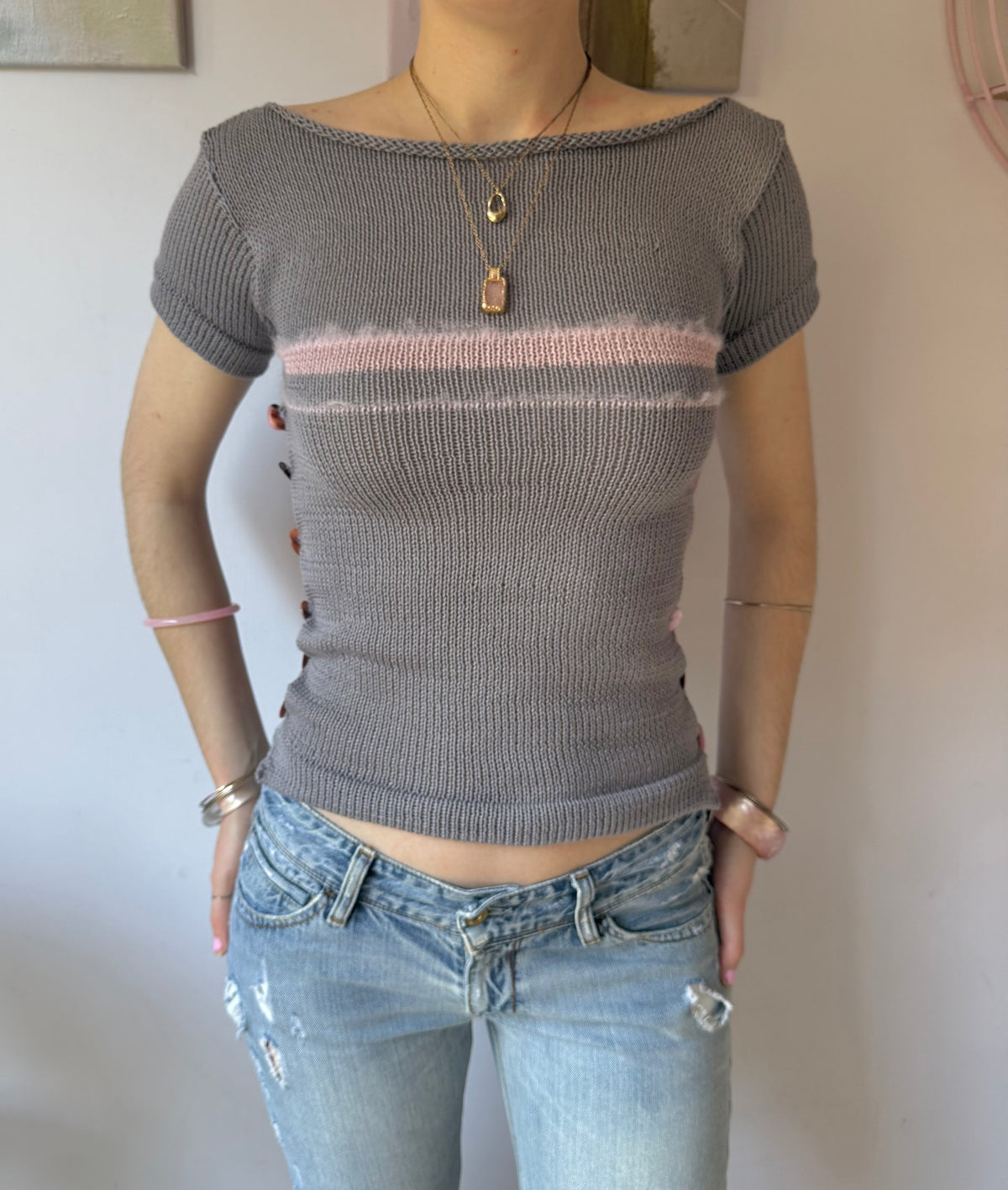 Pearl Tee in Grey & Pink (pre made in S)