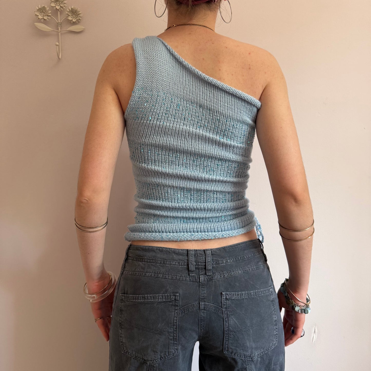 Handmade sparkly draped one shoulder knit top in baby blue (pre made in S)