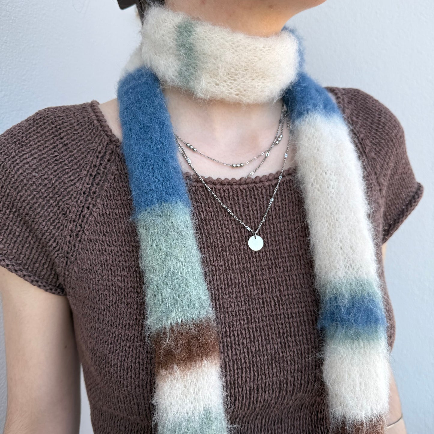 Handmade cream, sage green, brown and denim blue fluffy striped skinny scarf 🌿
