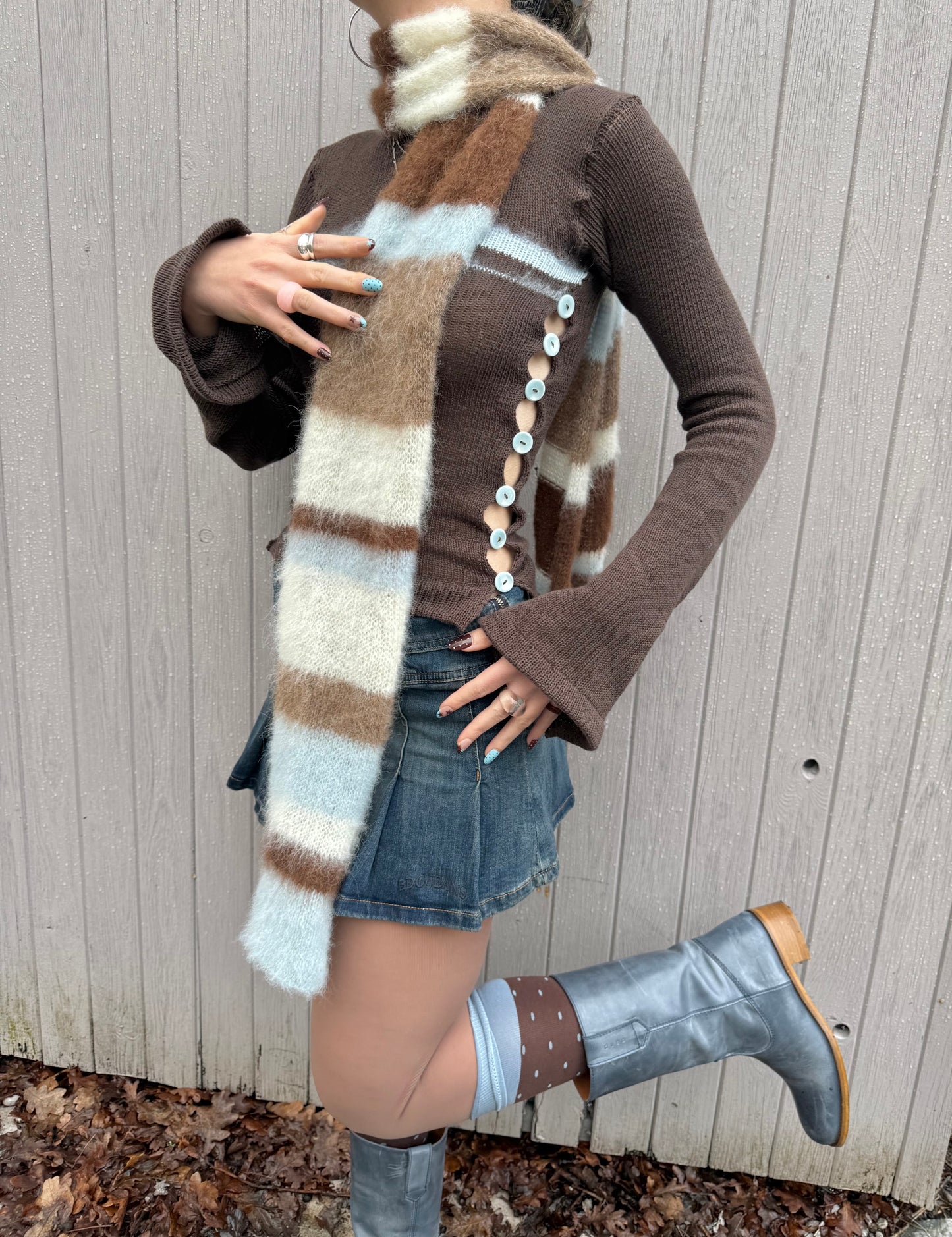 Handmade fluffy baby blue, cream and brown striped scarf (made to order)