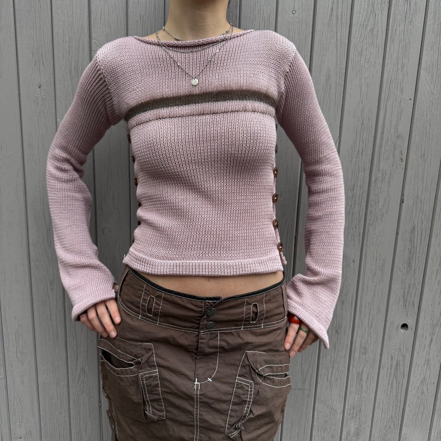 Pearl Long Sleeve in dusky pink & brown - handmade striped knit jumper with buttons