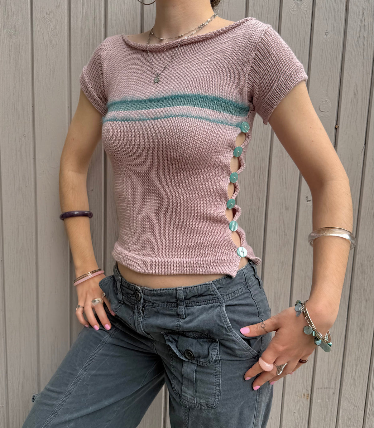 Pearl Tee in Dusky Pink & Teal (pre made in S)
