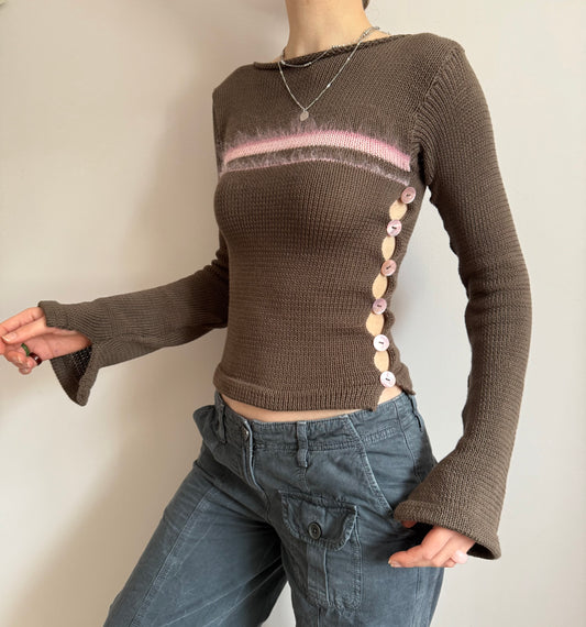 Pearl Long Sleeve in mocha - handmade striped knit jumper with pink mother of pearl buttons