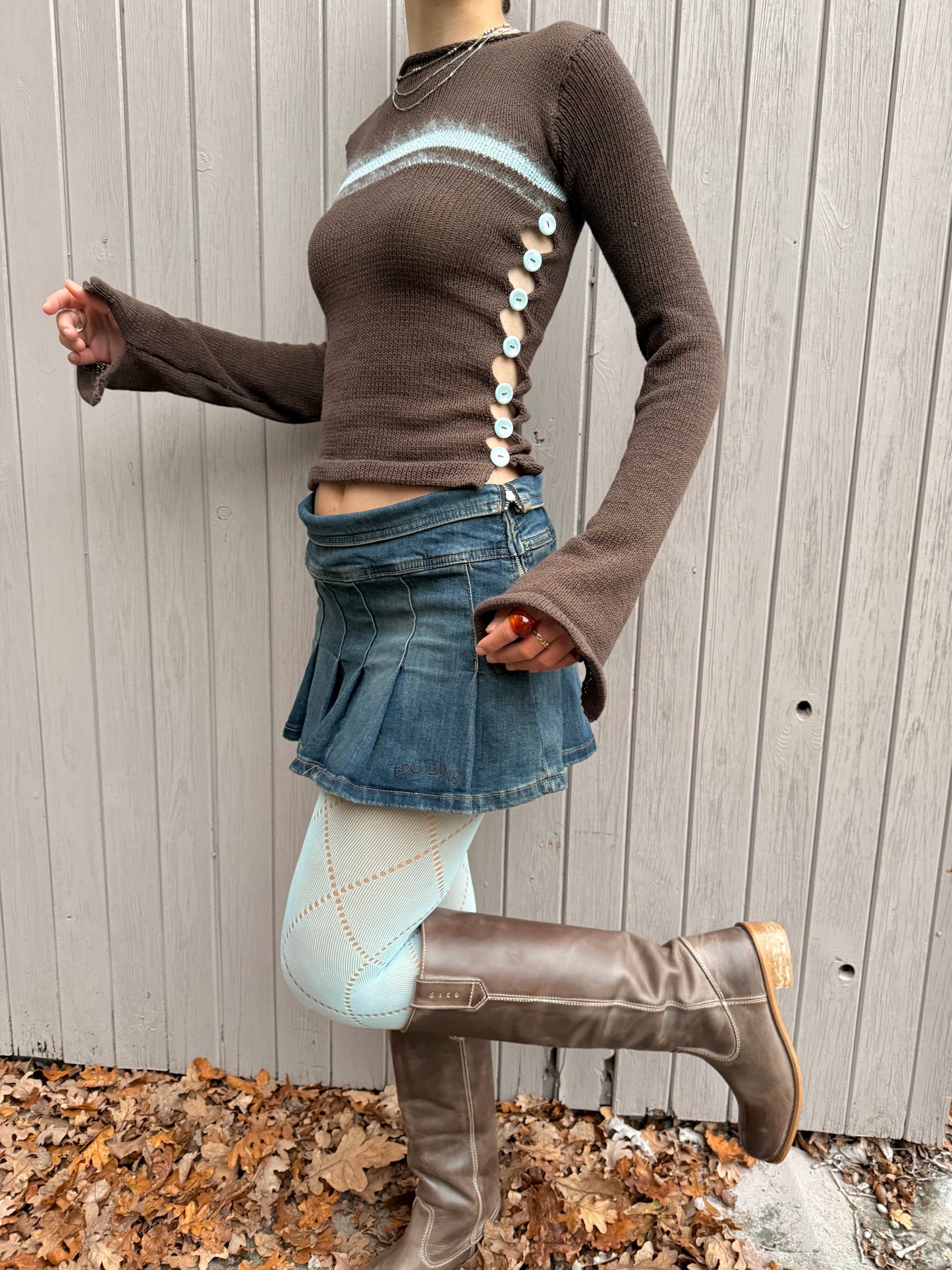 Pearl Long Sleeve in brown and blue - handmade striped knit jumper with buttons