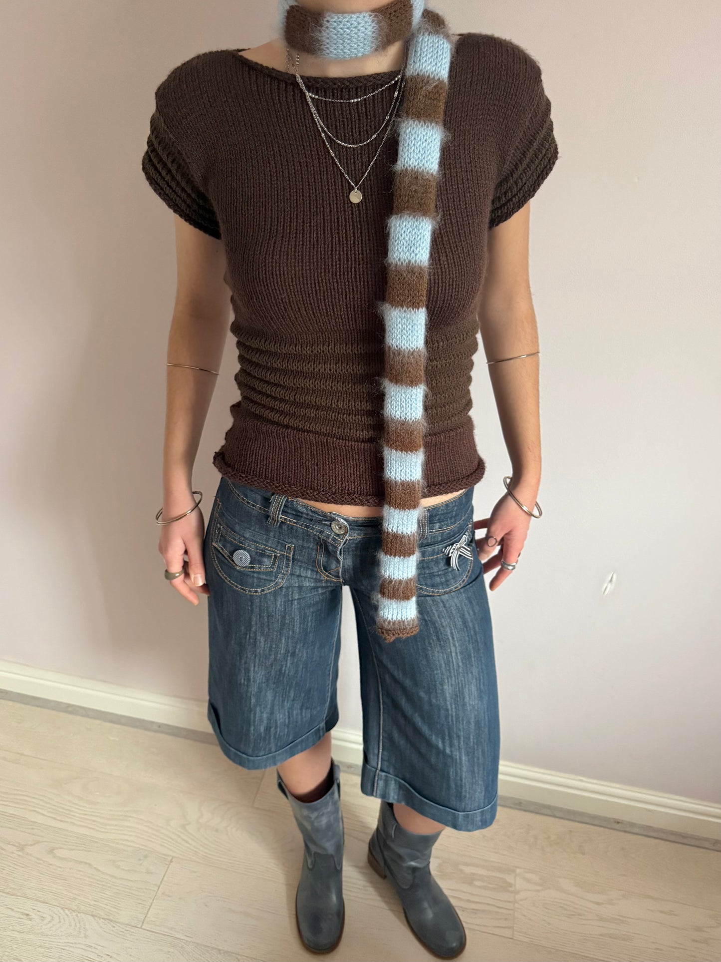The Ripple Tee in brown - handmade shirred top with puff sleeves (pre made in size M)