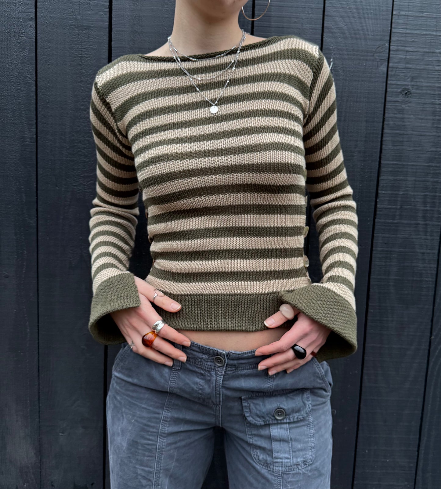 Pearl Long Sleeve in striped khaki & beige - handmade knit jumper with abalone shell buttons