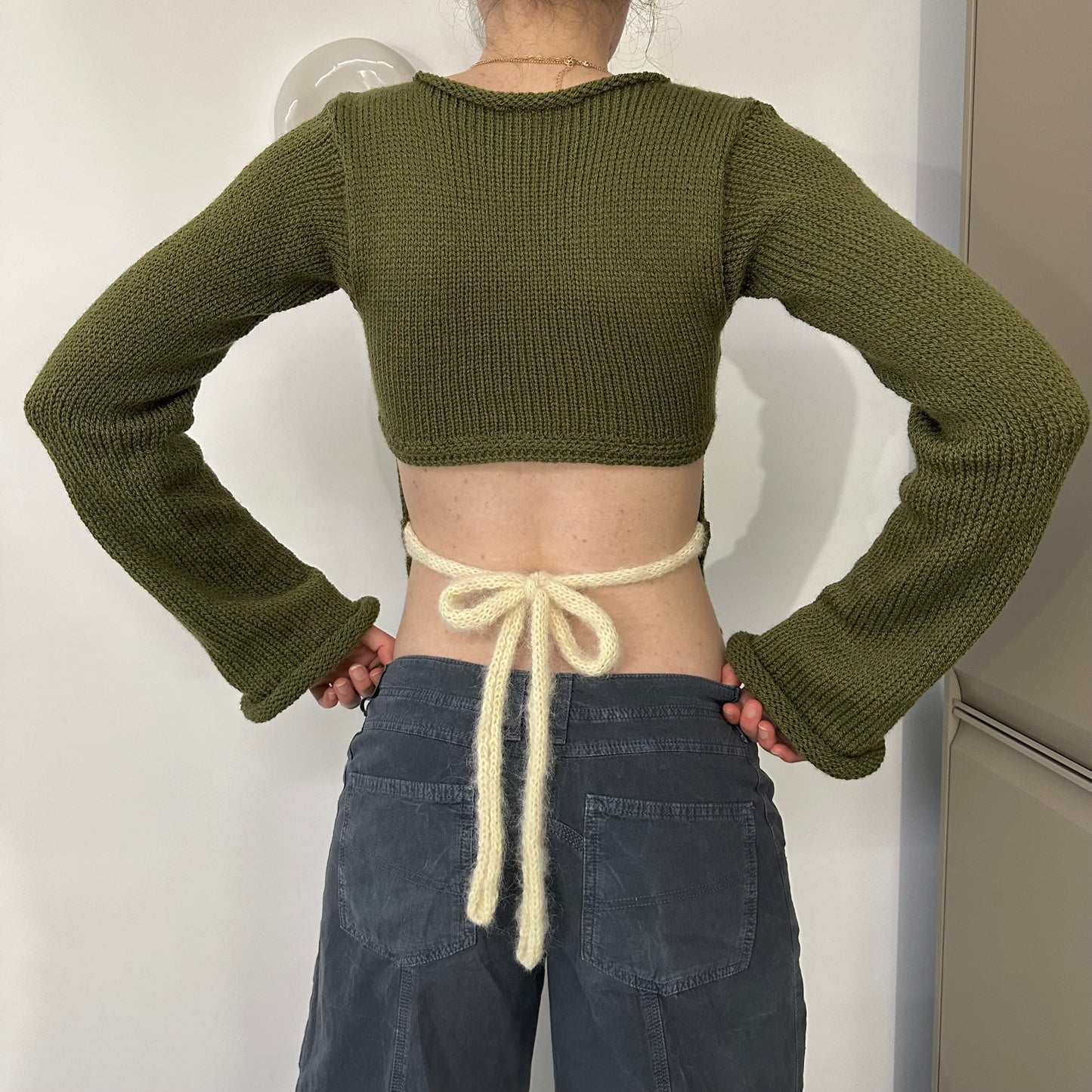 Handmade khaki green striped knit jumper - choose with or without tie up bow back