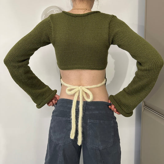 Handmade khaki green striped knit jumper - choose with or without tie up bow back