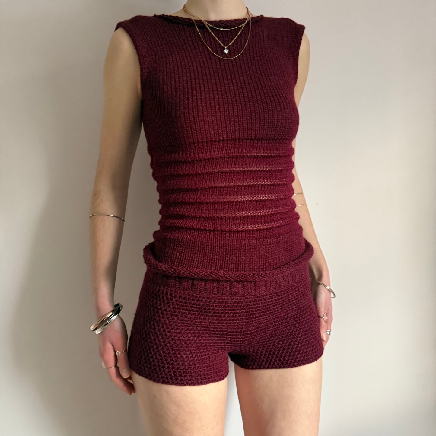 Handmade burgundy shirred knitted vest